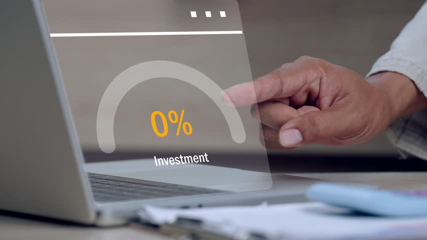 Close-up of a hand interacting with a futuristic investment dashboard showing 49% performance indicator, focusing on financial asset tracking and portfolio management.
