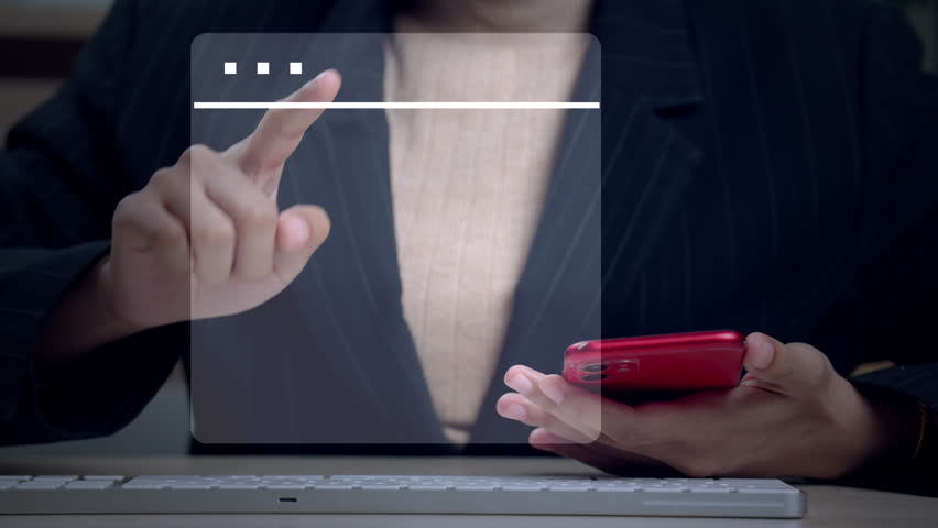 Close-up of a businesswoman using a futuristic touchscreen interface to analyze a financial bar graph titled "Statement of Financial Position", while holding a red smartphone. - Powered by Shutterstock - Get 15% off with code: PIKWIZARD15