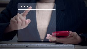 Close-up of a businesswoman using a futuristic touchscreen interface to analyze a financial bar graph titled "Statement of Financial Position", while holding a red smartphone. - Powered by Shutterstock - Get 15% off with code: PIKWIZARD15
