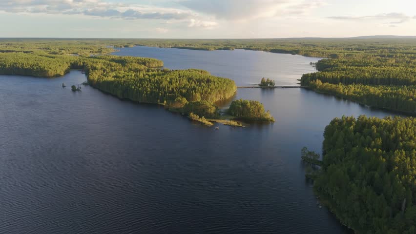 Aerial View of Lake Landscape with small Bridge Over Water