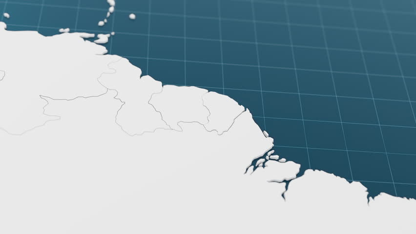 Blue French Guiana 3d map with pointer pin surrounded with other countries in white. Political map with borders animation. 3d render