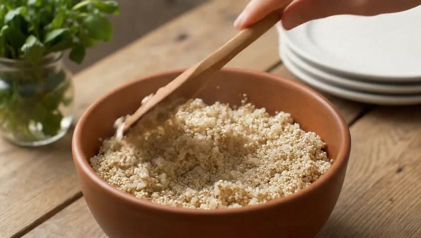 Hand Stirring Fluffy Cooked Quinoa in Wooden Bowl – Healthy Vegan Superfood Rich in Protein and Fiber, Perfect for Clean Eating, Weight Loss, and Plant-Based Diet Concepts	