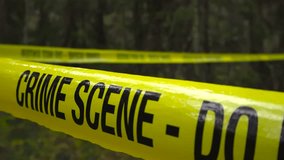 Close up view of a yellow Crime Scene tape in front of a bokeh blurry day time forest. - Powered by Shutterstock - Get 15% off with code: PIKWIZARD15