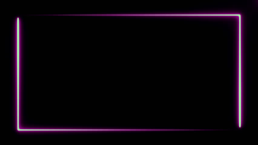 Two violet neon lighting lines on black background constitute rectangle frame over the screen edge at abstract backdrop 3D rendering 4k video. 3D Illustration
