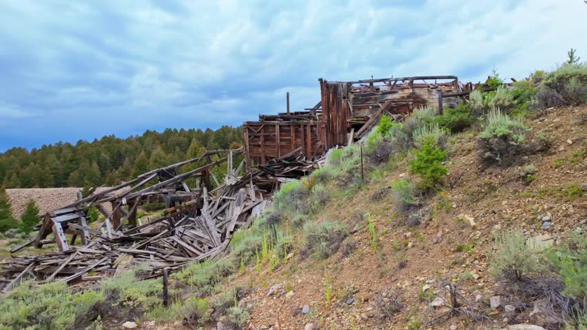 Old abandoned mine buildings stand as a testament to the past at the historic Elkhorn ghost town in Montana