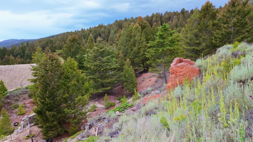 Old abandoned mine buildings stand as a testament to the past at the historic Elkhorn ghost town in Montana
