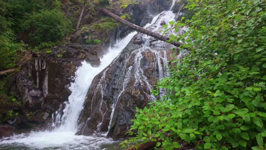 A scenic view captures the beauty of Grotto Falls within the Custer Gallatin National Forest on summer day