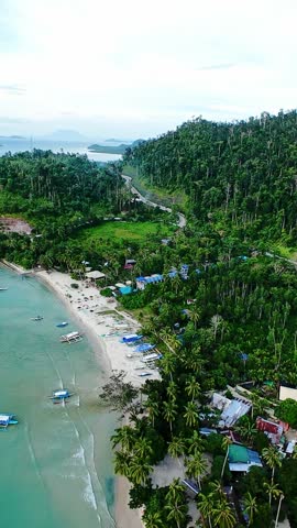 Vertical screen aerial view of tropical village with beach and palm trees in Palawan, Philippines