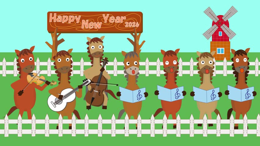 This is a video clip for a New Year's card for 2026. A horse is celebrating the New Year and enjoying music.