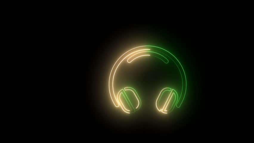 Outline neon headphones icon. Glowing neon headset frame with music note sign, listen sound podcast. Icon background is black