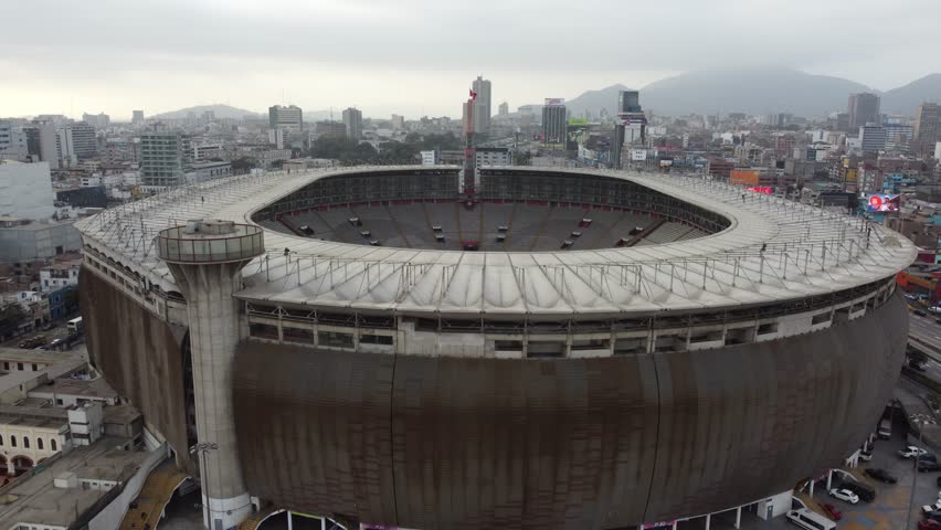 Six high angle views of the estadio nacional del peru, the national stadium of peru, located in lima