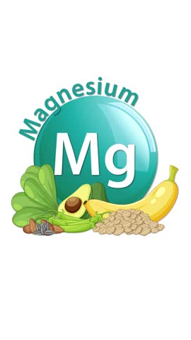 A teal magnesium element icon animates in, followed by the word 'Magnesium' and illustrations of spinach, avocado, banana, nuts, and seeds on a white background