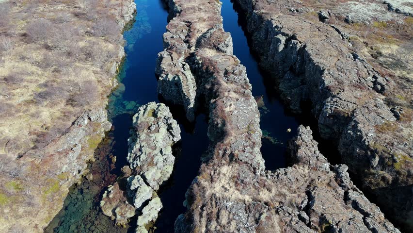 Silfra Fault Aerial aerial of the amazing break between tectonic plates in the Thingvellir National Park, Iceland