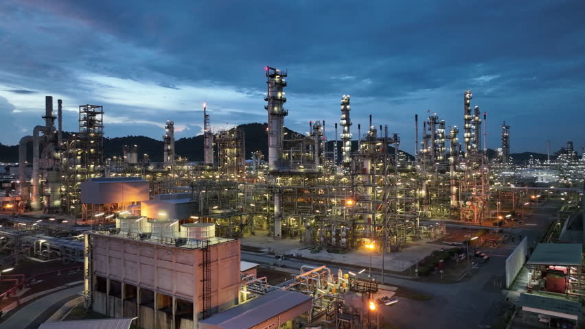 Aerial view oil and gas refinery plant at night, Global business energy logistic transportation, Oil and gas refinery petrochemical industrial, Petrochemical refinery industrial energy supply chain.