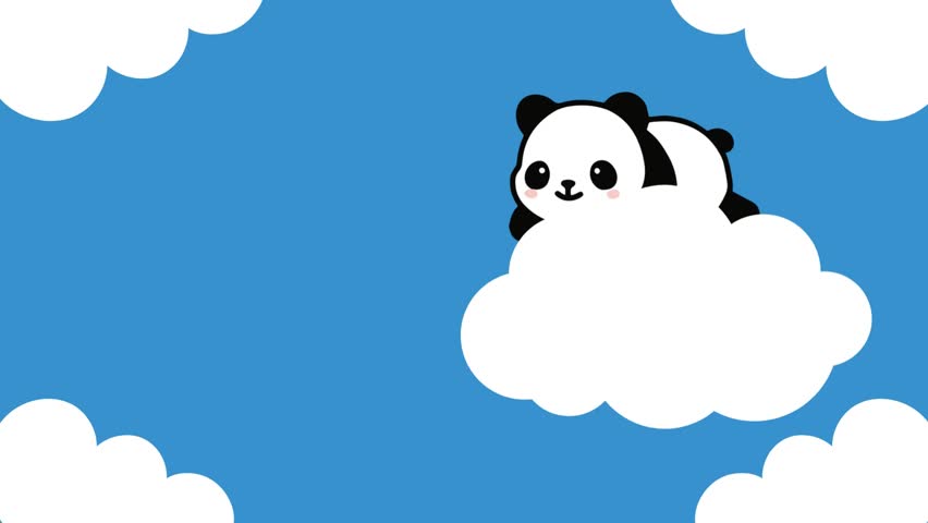 Animated cartoon illustration of a cute panda sitting on a cloud in a blue sky.