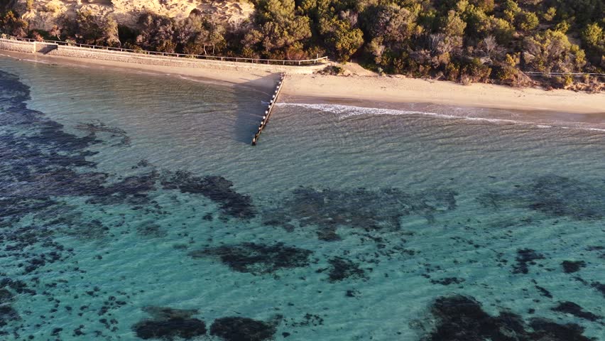 Drone glides above turquoise shoreline, revealing wooden pier, sandy beach, and coastal vegetation at dawn