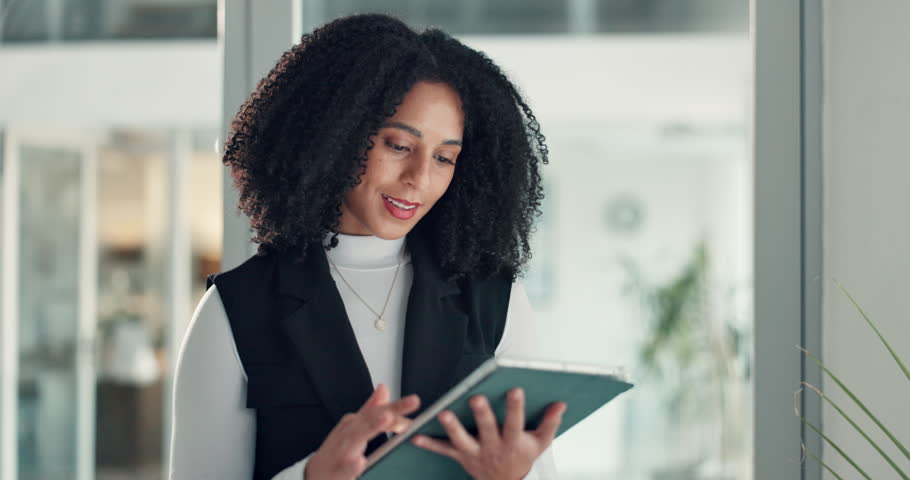 Business, woman and happy on tablet in office for client data management, finance profile or update. Financial advisor, person or smile with technology for investment review or market trends research