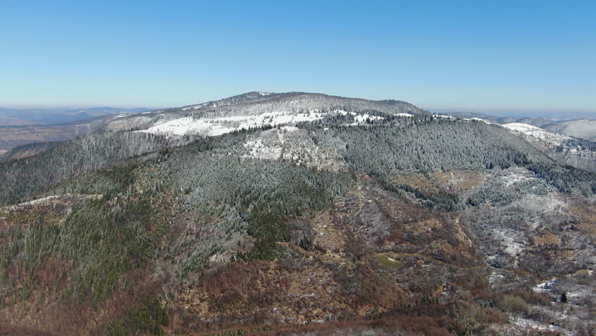 View of a mountain range with areas covered in snow and trees The sky is blue The terrain varies in color