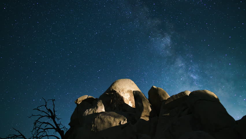 Joshua Tree National Park Milky Way Galaxy Over Tree Silhouette and Rock Formation Astrophotography Time Lapse California USA