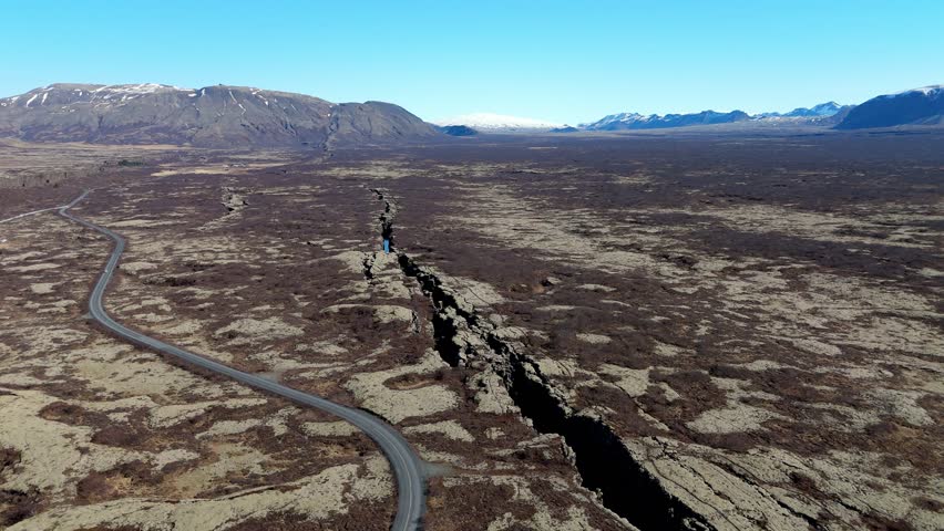 Silfra Fault Aerial wide angle view of the amazing break between tectonic plates in the Thingvellir National Park, Iceland