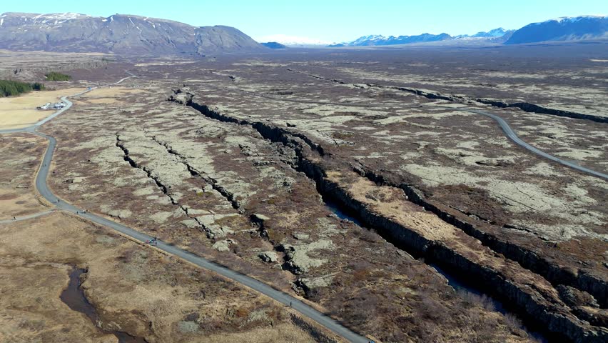 Aerial drone view of the amazing break between tectonic plates in the Thingvellir National Park, Iceland