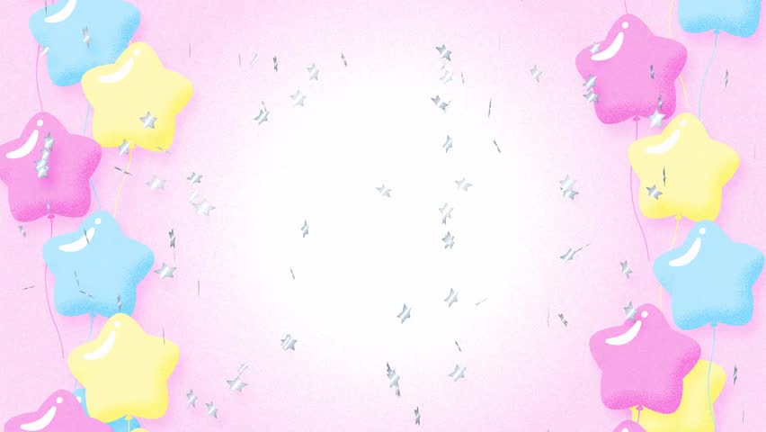 cute party background with silver star confetti and star balloon animation