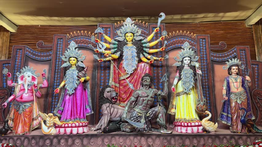 Subho mahalaya, Video of an handmade colorful idol of Goddess Durga  installed in decorated colorful Pandal during navratri festival. 