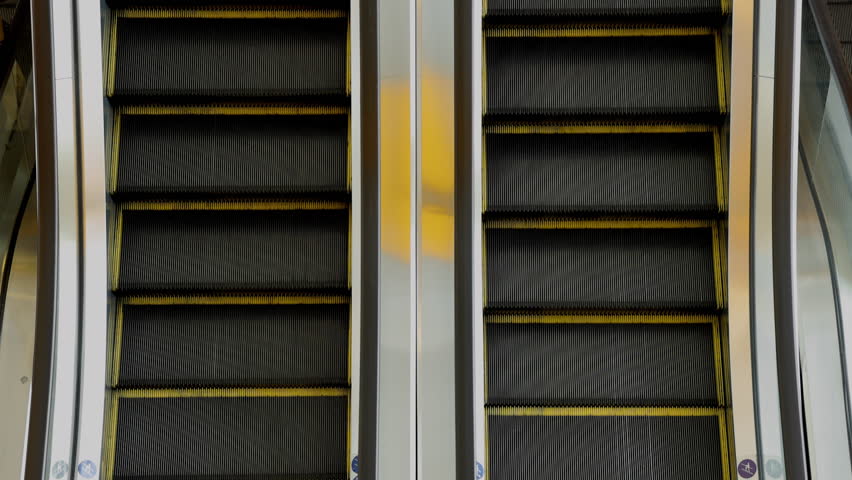 Movement of escalator up and down. Empty escalators of office building.
