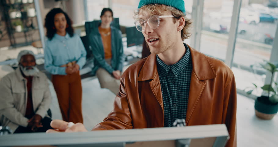 Applause, business or team in office with presentation, proposal or pitch for creative company. Happy, clapping or people in workplace with diversity, brainstorming or ideas in copywriter agency.