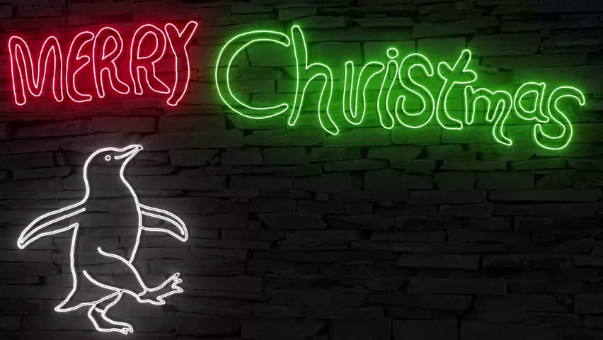 Merry Christmas silhouette of dancing penguin illuminated 3d illustration retro neon signs on dark brick wall background, cute Christmas wishes 10s 4k video sstkChristmas, in green red white