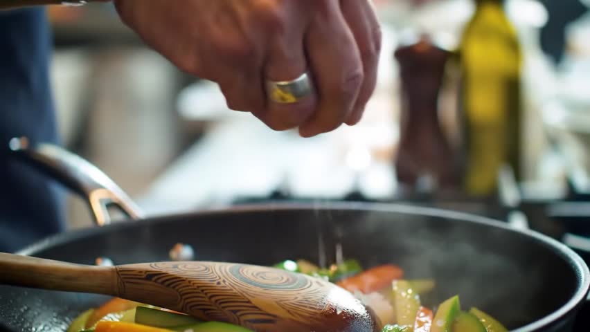 Sprinkling salt into a pan of stir-fried vegetables on a stove and then mixing the vegetables with a large wooden spoon