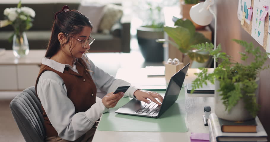 Credit card, laptop and woman in home with frustration for online shopping fail, mistake or glitch. Computer, stress and female person with error for internet banking for ecommerce order in apartment