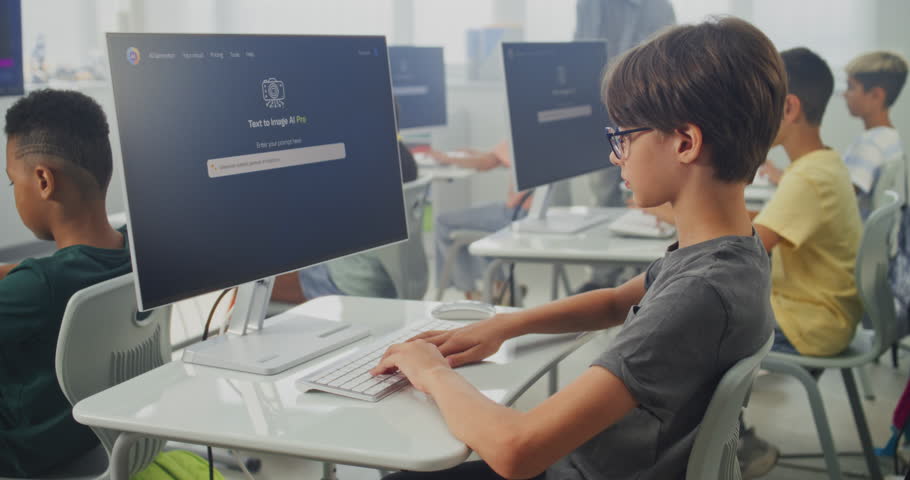 Smart Young Boy Using Computer, Creating Digital Illustration in AI Image Generator. Elementary School Children Learning Artificial Intelligence During Digital Art Lesson. STEM Education. Static Shot.
