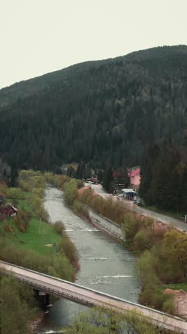 Drone flying over pine trees forest in Carpathian mountains with hills, river and asphalt car road. Wild nature. Mountain village. Travel adventures. Vertical video