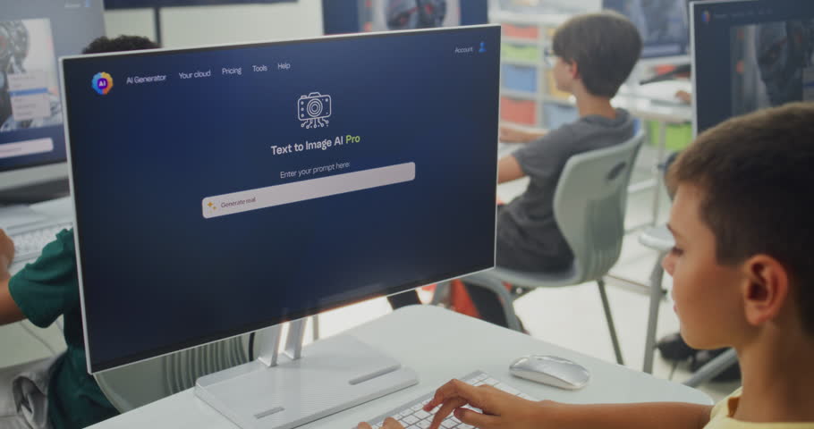 Primary School Boy Working on Computer, Creating Sci-Fi Picture in AI Image Generator. Diverse Kids Studying Artificial Intelligence Technology During Digital Art Class. Innovative STEM Learning.