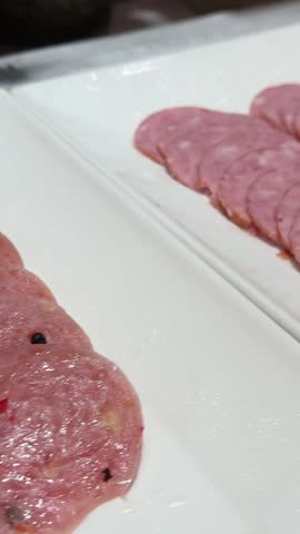 Meat plate with assortment of various tasty Spanish, french or Italian appetizers - sliced prosciutto, sausage, ham, boiled pork, balyk, jamon, sandwich, cheese, salami. Meat platter rotating