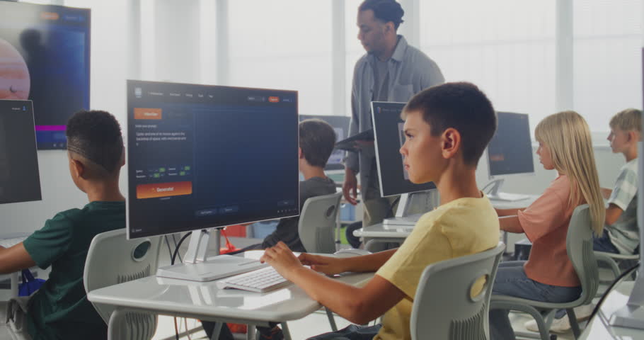 Primary School Students Working on Computers, Creating Video Projects in AI Video Generator, Studying Artificial Intelligence Technology. African American Teacher Educating Diverse Kids. STEM Learning