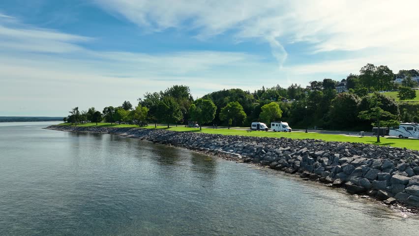 Static look from drone of the reinforced park shoreline along Lake Michigan in the northern part of the state.
