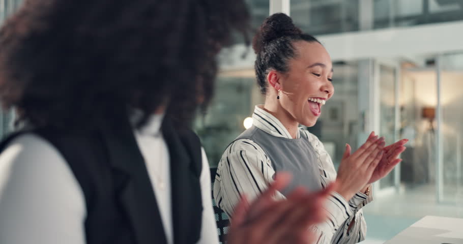 Office, team and business women with high five for celebration, success or clapping for support. Collaboration, excited workers and applause for achievement, goal and funding approval with bokeh