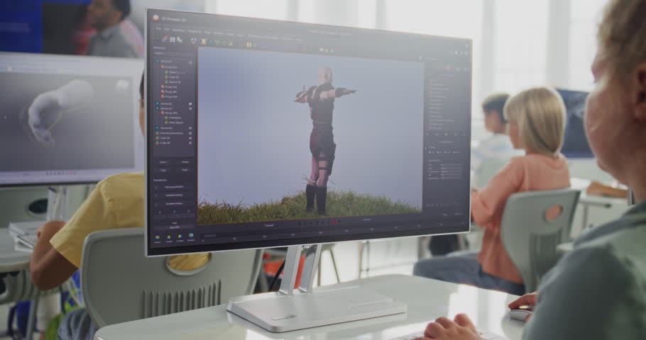 Smart Young Girl Using Computer, Creating Game Character in Design Software, Practicing 3D Modeling. Elementary School Children Learning Animation, Game Development and Digital Art. STEM Education.