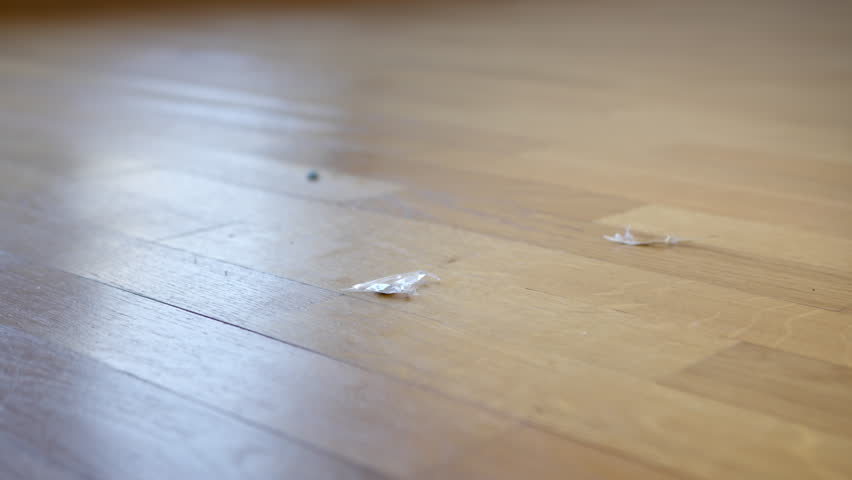 Female hand picking up plastic scraps from wooden floor of empty apartment. Close up