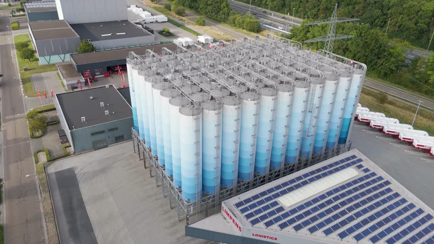 Drone footage showing large industrial silos, solar panels, and a logistics complex, symbolizing modern industry, renewable energy, and commerce.
