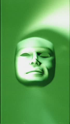 A theatrical style mask that animates into fractured pieces on a looping animation in a stylised green night vision style with glitch TV noise.