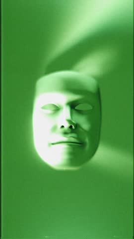 A strange shape morphing mask with dramatic light and shadow in a stylised green night vision style with glitch TV noise.