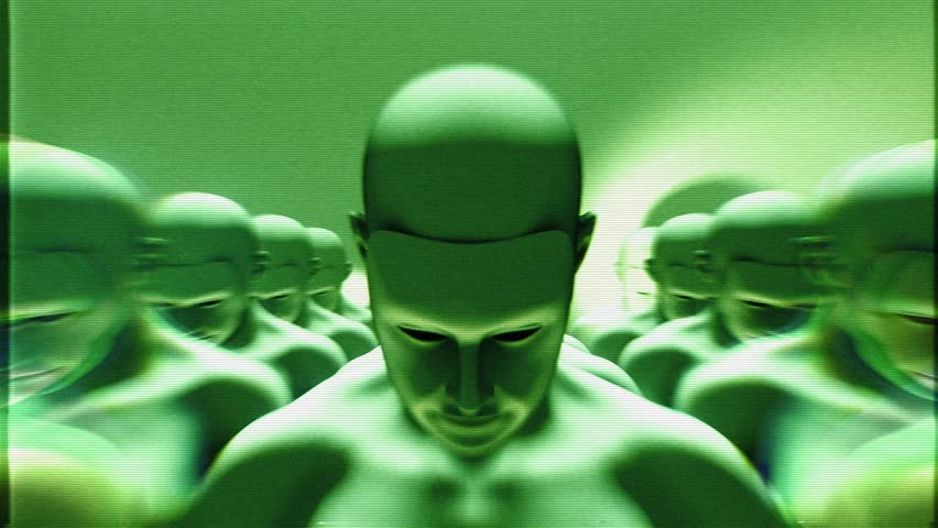 Endless rows of synthetic humanoids with glowing eyes in stylised green night vision style with glitch TV noise.