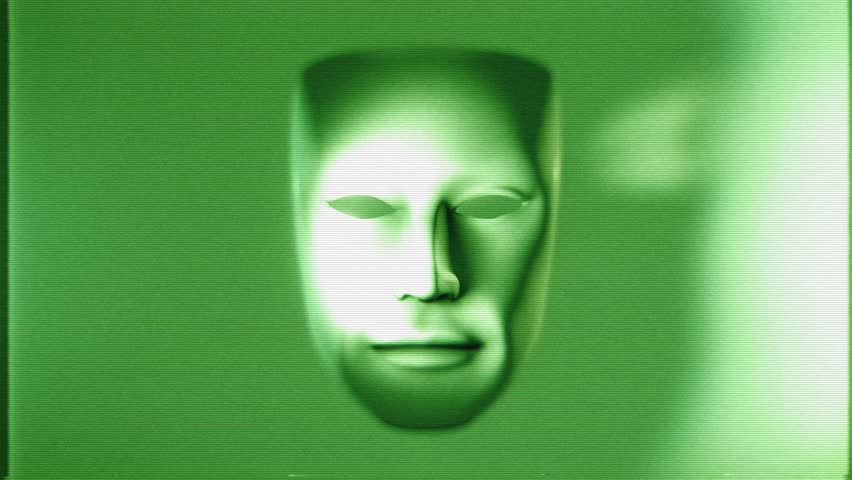 A theatrical style white mask that animates into fractured pieces on a looping animation in a stylised green night vision style with glitch TV noise.
