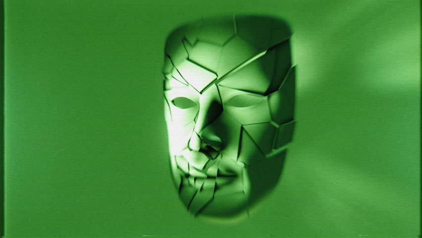 A theatrical style white mask that animates into fractured pieces on a looping animation in a stylised green night vision style with glitch TV noise.