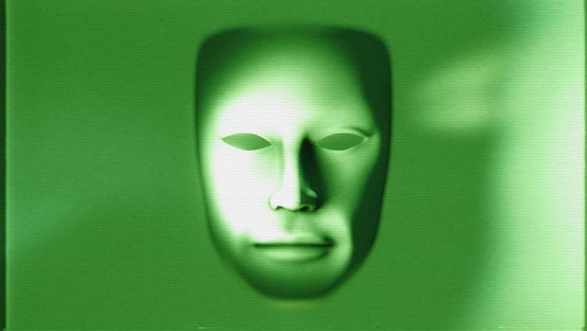 A theatrical style white mask that animates into fractured pieces on a looping animation in a stylised green night vision style with glitch TV noise.
