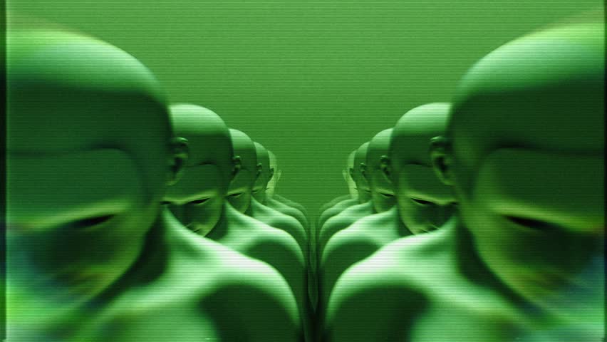 Endless rows of synthetic humanoids with glowing eyes in a stylised green night vision style with glitch TV noise.
