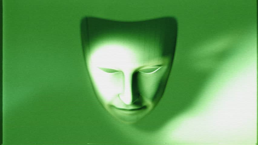 A theatrical style white mask that animates into fractured pieces on a looping animation in a stylised green night vision style with glitch TV noise.